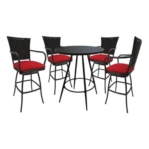 Pemberly Row Outdoor/Indoor Pub Set, 36 in Round Table, 42 in Height, 30 in Bar Height Stools with Arms, UV Powder-Coated Black Frame, Red Linen Fabric, Durable for Patio or Bar Use