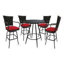 Pemberly Row Outdoor/Indoor Pub Set, 36 in Round Table, 42 in Height, 30 in Bar Height Stools with Arms, UV Powder-Coated Black Frame, Red Linen Fabric, Durable for Patio or Bar Use
