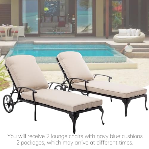Luccalily Chaise Lounge Patio Chair Set of 2 with Wheels, Adjustable Reclining, Rust-Resistant Aluminum, Waterproof Beige Cushion