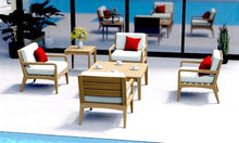 WholesaleTeak Teak Wood 6 Pc Lounge Chair Set: 4 Lounge Chairs, Square Coffee Table & Square Side Table with Cushions in Outdoor Fabric #5404 Canvas Natural