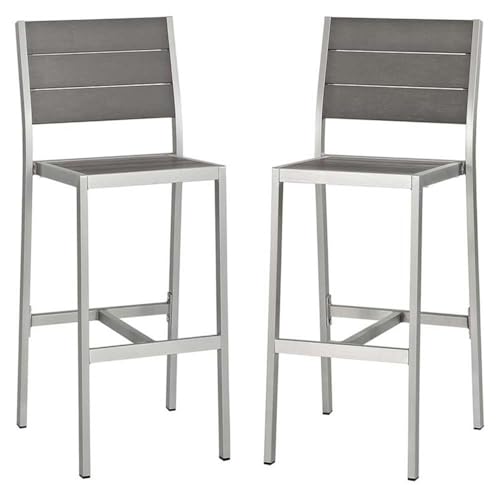 Modway Shore Outdoor Patio Aluminum Set of 2 Armless Bar Stool in Silver Gray