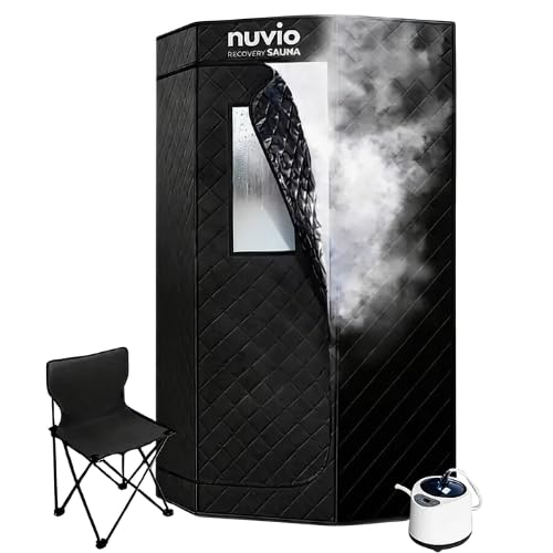 Nuvio Recovery Portable Sauna for Home - Personal Steam Sauna Tent with Chair & Steamer, 1 Person Pop Up Sauna Box, Heats to 140°F, Indoor Outdoor Sauna Kit, 35.4" x 35.4" x 70.9", At Home Sauna Pod