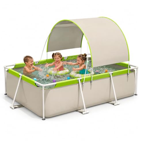 Foldable Pool with Canopy, 3-Layer PVC Rectangular Non Inflatable Pool