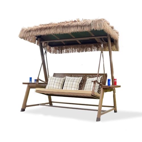 3-Seat Patio Swing Chair with Solar LED Light,Patio Porch Swing Chair with Canopy, UV-Proof,Waterproof, Fireproof,PE Thatch,Aluminum Alloy Frame for Garden Poolside