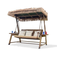 3-Seat Patio Swing Chair with Solar LED Light,Patio Porch Swing Chair with Canopy, UV-Proof,Waterproof, Fireproof,PE Thatch,Aluminum Alloy Frame for Garden Poolside