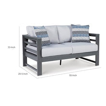 Benzara 55 Inch Outdoor Loveseat Gray Frame Cushioned Seat with 2 Throw Pillows Grey