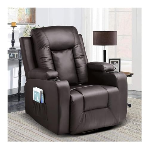 Modern PU Leather Recliner Chair with Heated Massage, 360 Degree Swivel Ergonomic Lounge Single Sofa with Drink Holders for Living Room, Brown Comfort Home Theater Furniture