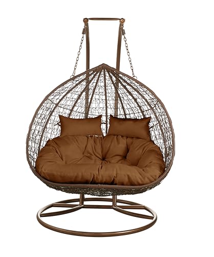 SK CHUMRA Premium 2-Person Hanging Egg Chair with Stand – Bronze Wicker Loveseat with Brown Cushions for Indoor & Outdoor Use (Dark-Brown Frame with Brown Cushion)