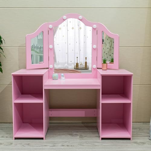 JoanKaren Kids Vanity Table 2-in-1 Princess Makeup Desk with Touch Light Pink With Crown