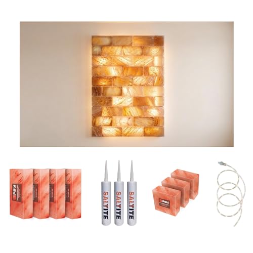 PSW Himalayan Salt Wall Kit, 28x40 Inch, with Full & Half Bricks, Salt Adhesive, LED Strip, Visual Installation Guide