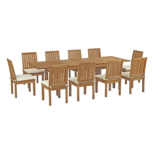 Modway Marina 11-Piece Premium Grade A Teak Wood Outdoor Patio Dining Furniture Set Natural White