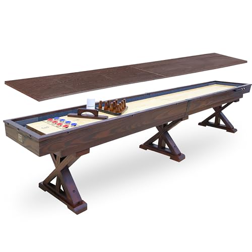 Freetime Fun 12 FT Multi-Game Shuffleboard Table Solid Wood with Bowling Pin Set Espresso