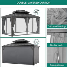Patikuin Heavy Duty Hardtop Gazebo for Garden & Backyard – Double Metal Roof, Aluminum Pavilion with Privacy Curtains & Mosquito Netting, All-Weather Resistant – Black Spray + Gray Cloth Black Mesh,