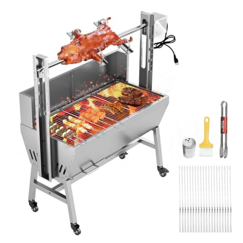 Rotisserie Grill Charcoal Spit Roaster, 51 Inch Stainless Steel BBQ Grill with Electric Motor and Lockable Casters, Heavy Duty Spit Rod for Whole Pig, Lamb, Turkey and Chicken, Outdoor Barbecue