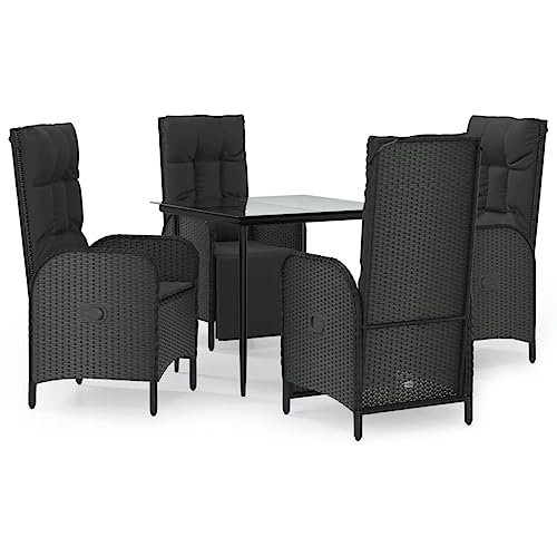 fsahslih 5 Piece Patio Dining Set Black Poly Rattan Reclining Chairs