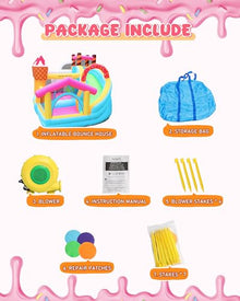 Doctor Dolphin Inflatable Bounce House Ice Cream Doughnut Party with Blower, Slide & Ball Pool Pink and Yellow