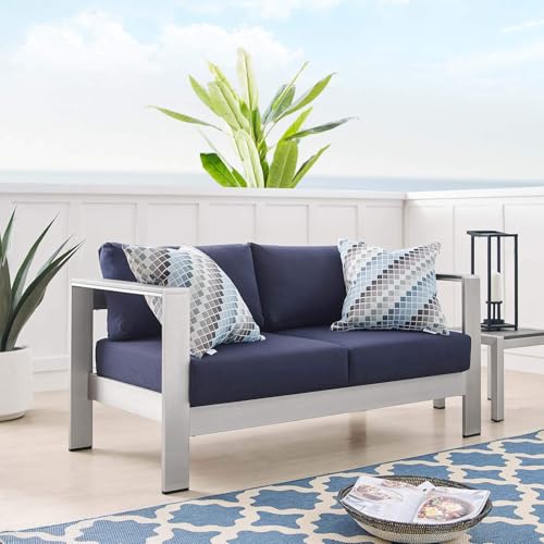 Afuera Living Outdoor Patio Loveseat, Fabric & Aluminum, Silver & Navy Finish, 56.5" W x 27.5" D x 25" H, All-Weather Cushions, Dense Foam Padding, Machine Washable Covers, Durable Backyard Seating