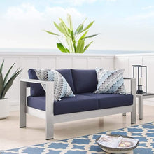 Afuera Living Outdoor Patio Loveseat, Fabric & Aluminum, Silver & Navy Finish, 56.5" W x 27.5" D x 25" H, All-Weather Cushions, Dense Foam Padding, Machine Washable Covers, Durable Backyard Seating