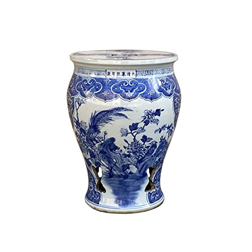 Orientliving Chinese Blue & White Porcelain Flower Birds Small Round Stool Table Blue White
