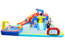 Inflatable Backyard Play Center with Long Slide, Splash Pool, Climbing Wall, Basketball Hoop, Soccer Goal, Cannon, Rocket Sprayer, Jumping Area, Outdoor Bounce House for Kids Family Lawn Garden