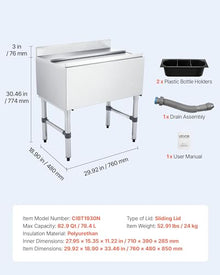VEVOR Commercial Ice Bin, 82.9 Qt Max Capacity, 30 x 19 x 33 Inch Stainless Steel Ice Chest with Sliding Lid and Bottle Holders, Cooler Cart Cocktail Unit for Bar Restaurant Pub, NSF Certified