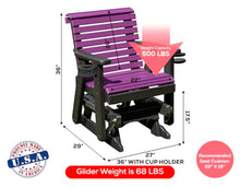 Amish Craftsmanship Made in USA 2FT Heavy Duty Poly Lumber Wood Porch Patio Glider HDPE with No wood fibers Lancaster Series Rollback design 500 lbs Limit With Cupholders Purple on Black
