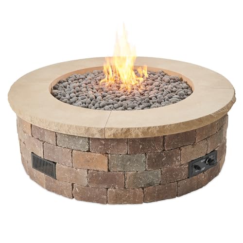 The Outdoor GreatRoom Company DIY Bronson Block Round Gas Fire Pit Kit with Battery Powered Spark Ignition, Propane or Natural Gas, Limestone Tan 4-Piece Set, 51.25-Inch