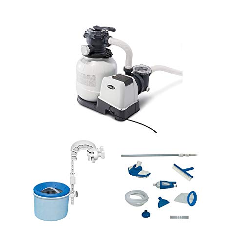 Intex 2100 GPH Sand Filter Pump Automatic Timer Device Bundled with Deluxe Maintenance Kit and Wall-Mounted Surface Skimmer for Above Ground Pools