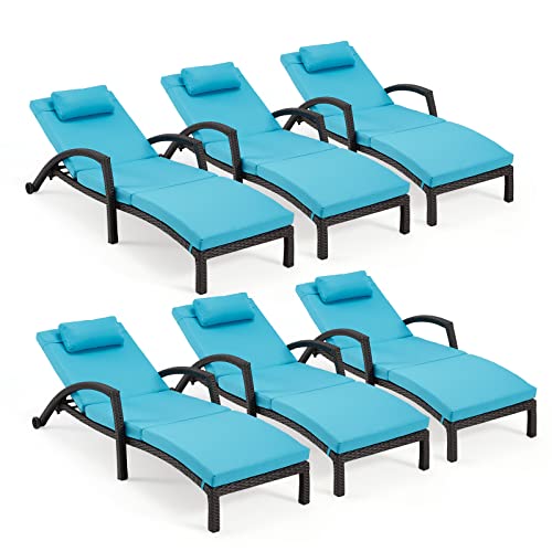 HOMREST Chaise Lounge Chairs Set of 6 PE Rattan Wicker Adjustable Pool Lounger Blue