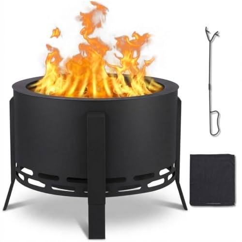 Takywep Portable Smokeless Fire Pit, 26 Inch Carbon Steel Outdoor Fireplace with Ash Tray & Fire Poker, Outdoor Bonfire Bowl for Backyard Camping BBQ