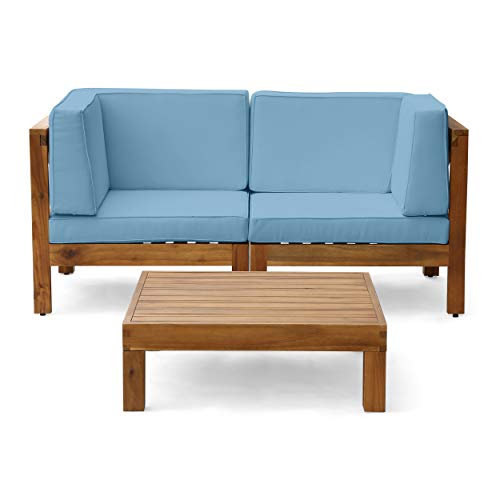 GDFStudio Outdoor Sectional Loveseat Set with Coffee Table | 2-Seater | Acacia Wood | Water-Resistant Cushions | Teak and Blue