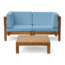 GDFStudio Outdoor Sectional Loveseat Set with Coffee Table | 2-Seater | Acacia Wood | Water-Resistant Cushions | Teak and Blue