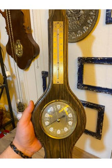 Antique Thermometer Barometer Decorative Wall Decor - Retro Style Wooden Casing with Asymmetrical Shape - Brown Finish - Brown