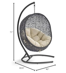 Modway Encase Modern Rattan/Fabric Outdoor Swing Chair with Stand in Black/Beige