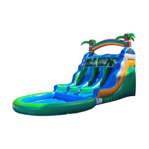 POP JUMP 13ft Tropical Inflatable Wet Dry Dual Slide with Pool & Blower
