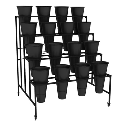 Flower Display stand with Flower Buckets, Movable Plant Cart Shelf Cut Flowers Container Shelf, Florist Plant Display Shelves Flower Shelf Ladder, Florist Bouqu（Black Frame Black Bucket-100×80×113cm）