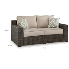 Benzara 71 Inch Outdoor Loveseat with 2 Throw Pillows Resin Wicker Brown Beige Black