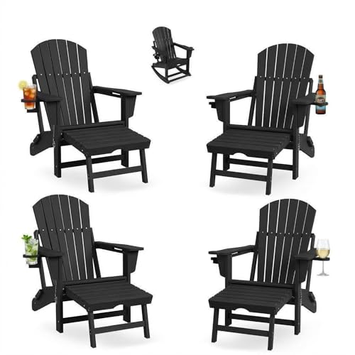 GAOMON 4-in-1 Folding Adirondack Chair Set of 4 HDPE, with Retractable Ottoman & Cup Holder, All-Weather Outdoor Patio Rocking Chairs for Lawn, Porch, Poolside, Black (4 Pack)