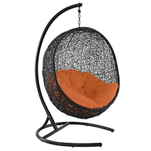 Afuera Living Outdoor Patio Swing Chair, Orange Finish, Rattan Seat, Espresso Metal Stand, Plush Water-Resistant White Cushions, 71" H x 40" W x 43.5" D, Hanging Chair for Garden or Patio Use