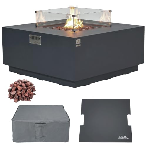 AMS 48" Square Concrete GFRC Propane Gas Fire Pit Table Bundle (Dark Gray)