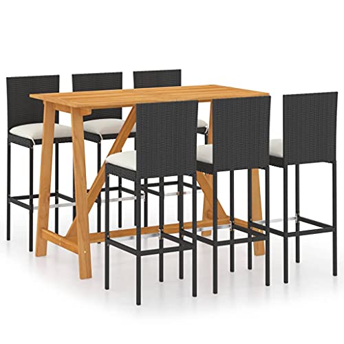 KUPTYERFG 7-Piece Garden Bar Set, Outdoor Patio Dining Table and Stools with Cream Cushions, Rectangular Acacia Wood Top 6-Seater Bar Furniture for Terrace Backyard