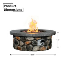 Afterglow 36" Outdoor Propane Fire Pit Table for Patio Garden Backyard Outside Porch, Round Rustic Stacked Stone Firepit Table with Lid, Cover & Lava Rocks, 50000 BTU, CSA Certificated, Round Pebbles