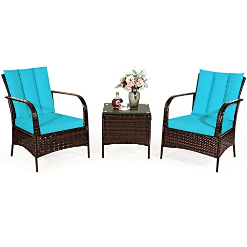 3 PCS Patio Rattan Furniture Set Coffee Table & 2 Rattan Chair with Cushions Comfortable and Breathable (Color : Black) (E)