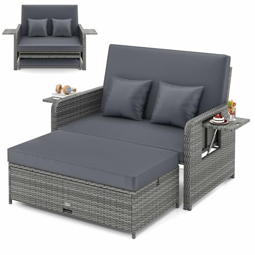 LDAILY Moccha Outdoor Daybed, Wicker Loveseat Sofa Set with 4-Postion Adjustable Backrest, Storage Ottoman, Cushions, Rattan Double Bed Lounger, Patio Furniture Set (Mixed Gray+Gray)