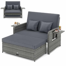 LDAILY Moccha Outdoor Daybed, Wicker Loveseat Sofa Set with 4-Postion Adjustable Backrest, Storage Ottoman, Cushions, Rattan Double Bed Lounger, Patio Furniture Set (Mixed Gray+Gray)