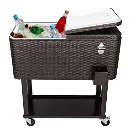80QT Rolling Cooler with Shelf, Rattan Ice Chest on Wheels, Portable Party Bar Drink Cooler Cart with Bottle Opener, Large Cooler with Wheels for Outdoor BBQ, Picnic, Pool, Brown