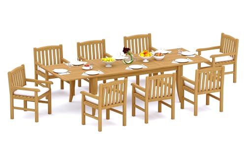 TeakStation 8 Seater Grade-A Teak Wood 9 Pc Dining Set: 122" Atnas Double Extension Rectangle Table and 8 Devon Arm Chairs #31DV2808
