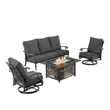 Oakland Living Black Aluminum Patio Fire Table Set with Deep Seating Sofa with Cushion and Two Club Chairs with Black Cushions