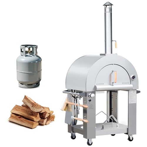KOSTCH 32.5" Outdoor Duel Fuel Pizza Oven, 304 Stainless Steel Wood Fired & Propane Gas Pizza Oven with Temperature Gauge, Portable Pizza Oven on Wheels for Outside, Camping, Party (Silver)