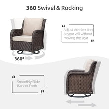 TrailBlaze 360° Swivel Wicker Patio Glider Rocking Chair Set – 3-Piece Outdoor Bistro Furniture with Thick Cushions, Armored Glass Side Table, All-Weather Comfort for Porch, Deck, Balcony – Apricot